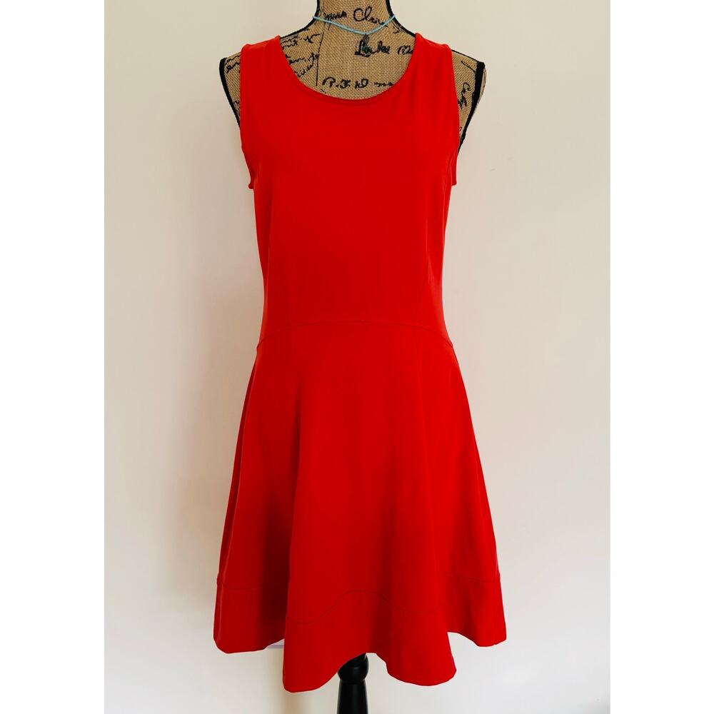TJX Women Red Orange Nylon Spandex Sleeveless Fitted Skater Gold Zipper Dress M